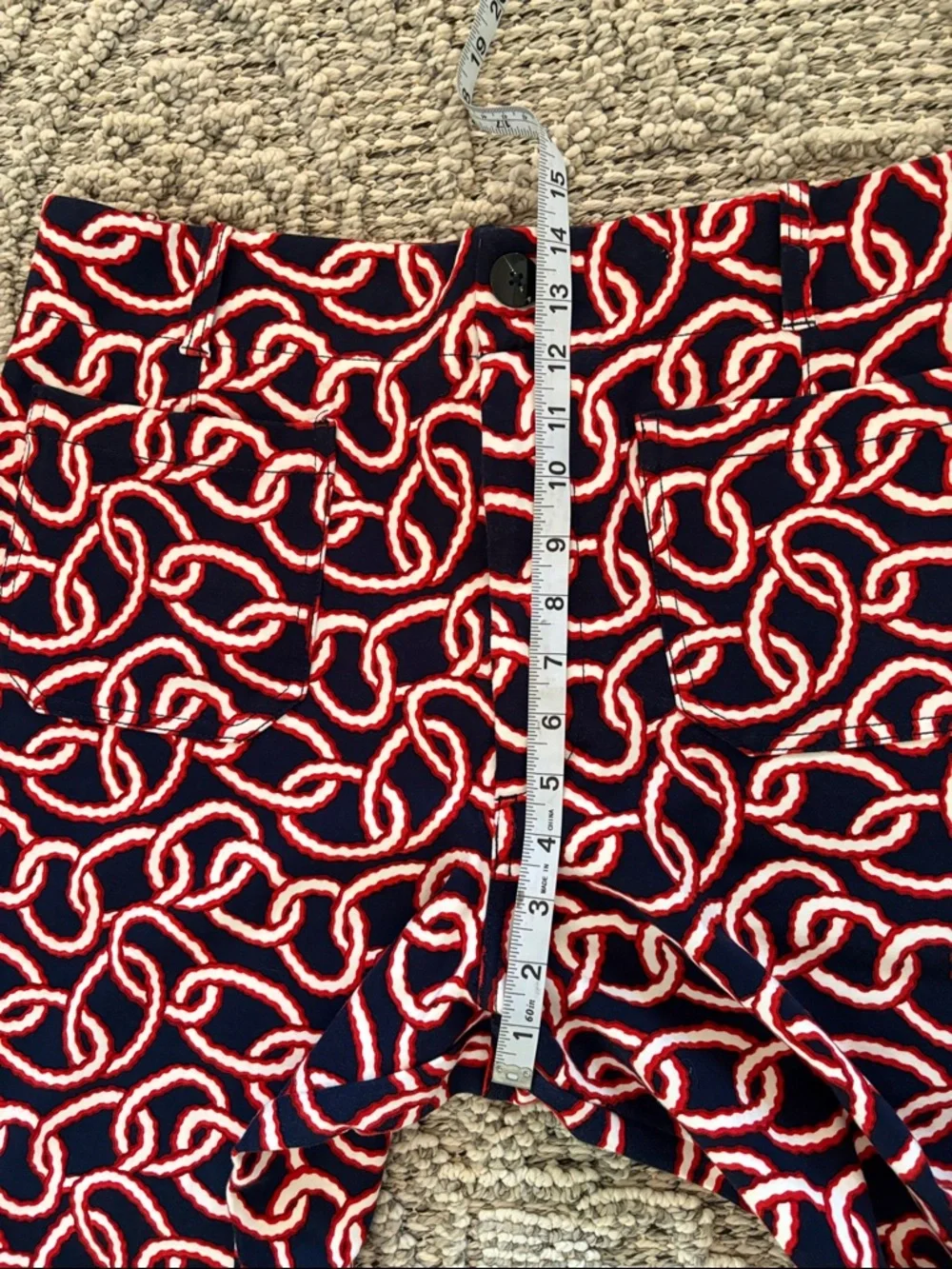 Anthropologie Maeve Navy, Red & White Chain-Print Pants Cropped Size 34 - Picture 6 of 10